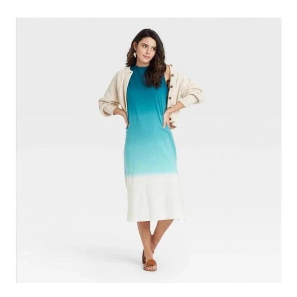 XS Universal Thread Blue Dip Dye Ombre Muscle Shirt Dress Midi Length - Picture 1 of 7